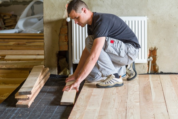Hardwood flooring installation in progress