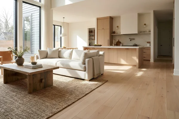 Bright modern living room and kitchen with wide-plank natural hardwood flooring throughout.